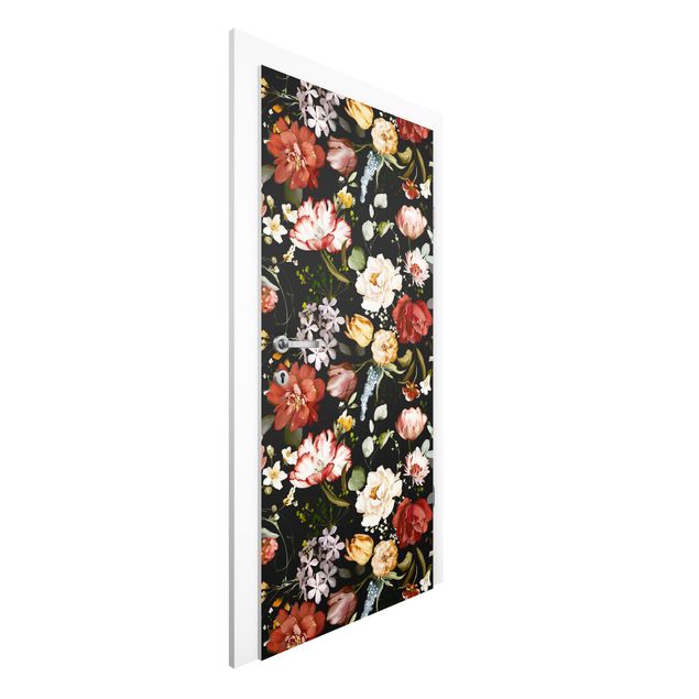 Door wallpaper - Flowers Watercolour Vintage Pattern on Black