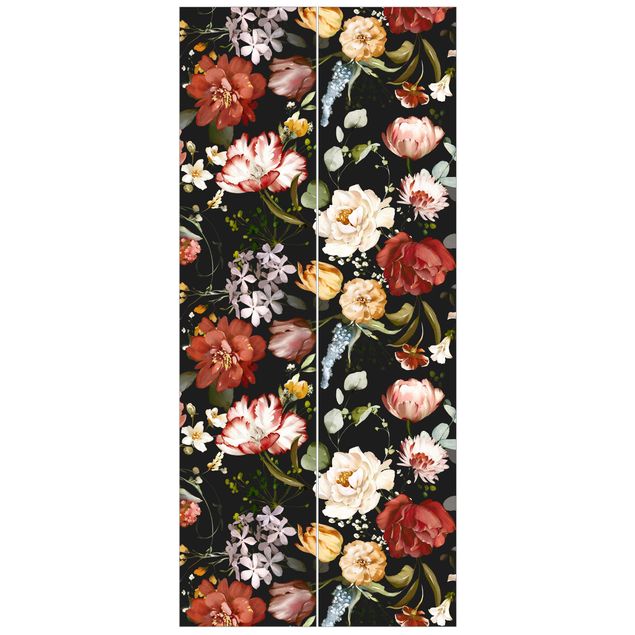 Door wallpaper - Flowers Watercolour Vintage Pattern on Black
