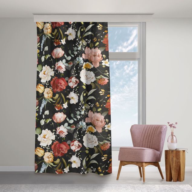 modern curtains for living room Flowers Watercolour Vintage Pattern on Black