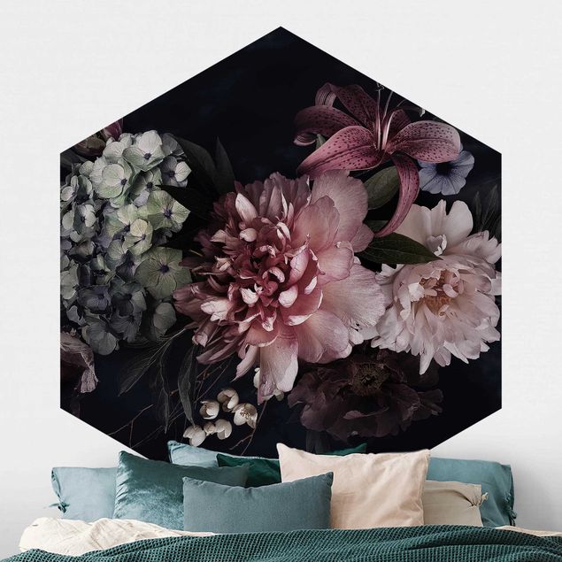 Self-adhesive hexagonal pattern wallpaper - Flowers With Fog On Black