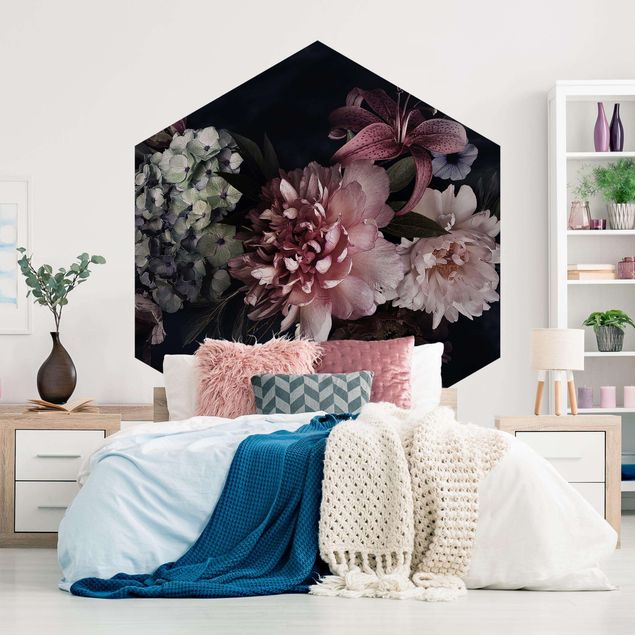 Self-adhesive hexagonal pattern wallpaper - Flowers With Fog On Black