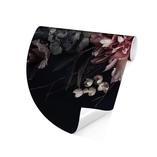Self-adhesive round wallpaper - Flowers With Fog On Black