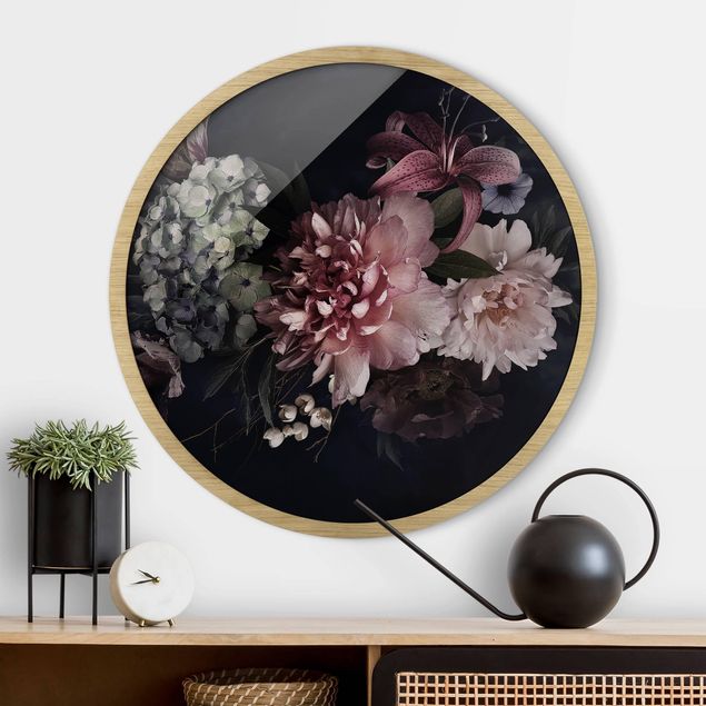 Framed prints round Flowers With Fog On Black