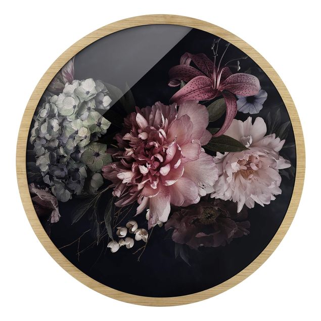 Circular framed print - Flowers With Fog On Black