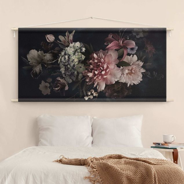 extra large tapestry Flowers With Fog On Black