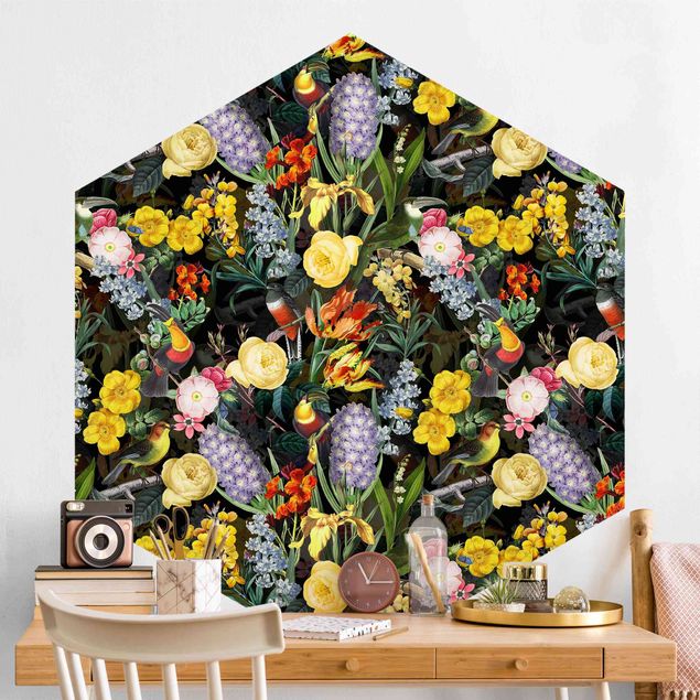 Hexagonal wallpapers Flowers With Colourful Tropical Birds
