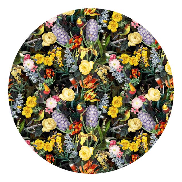 Self-adhesive round wallpaper - Flowers With Colourful Tropical Birds