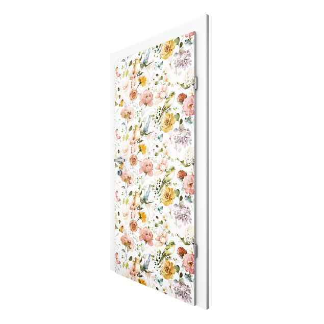 Door wallpaper - Flowers and Birds Watercolour Pattern