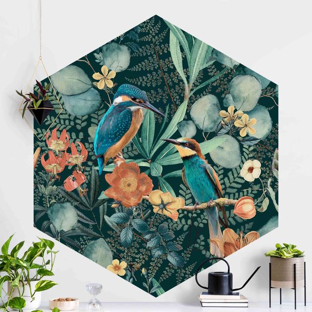 Hexagonal wall mural Floral Paradise Kingfisher And Hummingbird