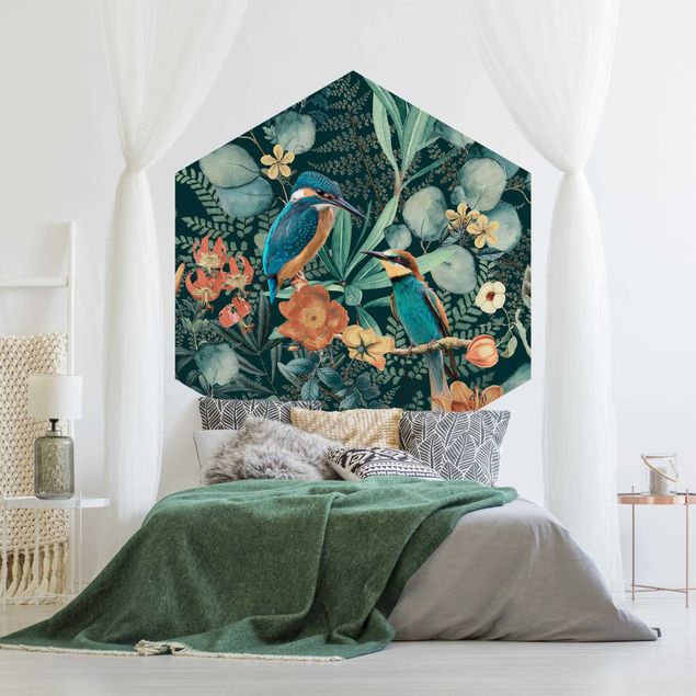 Self-adhesive hexagonal pattern wallpaper - Floral Paradise Kingfisher And Hummingbird