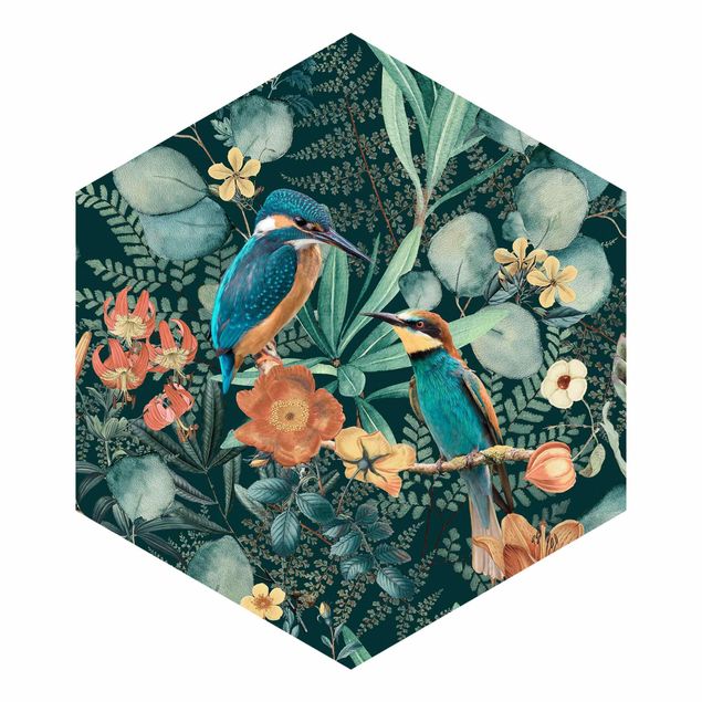 Self-adhesive hexagonal pattern wallpaper - Floral Paradise Kingfisher And Hummingbird