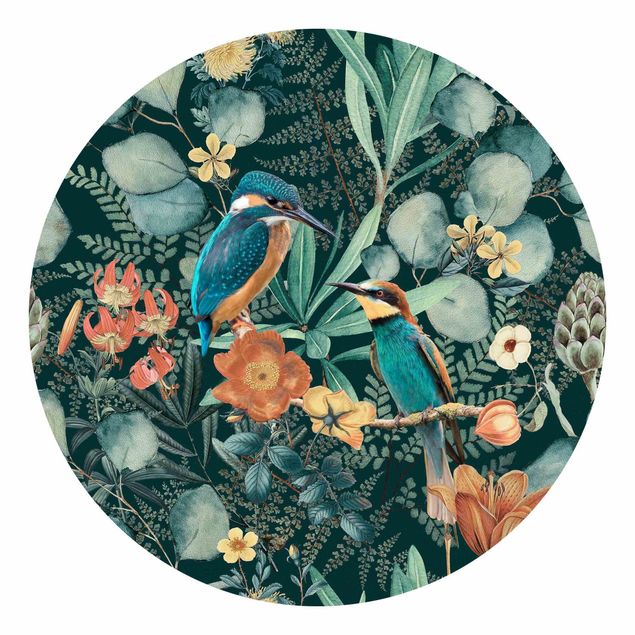 Self-adhesive round wallpaper - Floral Paradise Kingfisher And Hummingbird