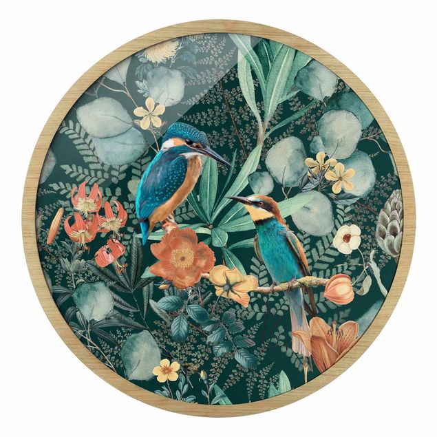 Circular framed print - Floral Paradise Kingfisher And Hummingbird