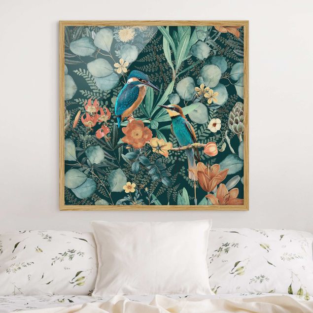 Framed poster - Floral Paradise Kingfisher And Hummingbird