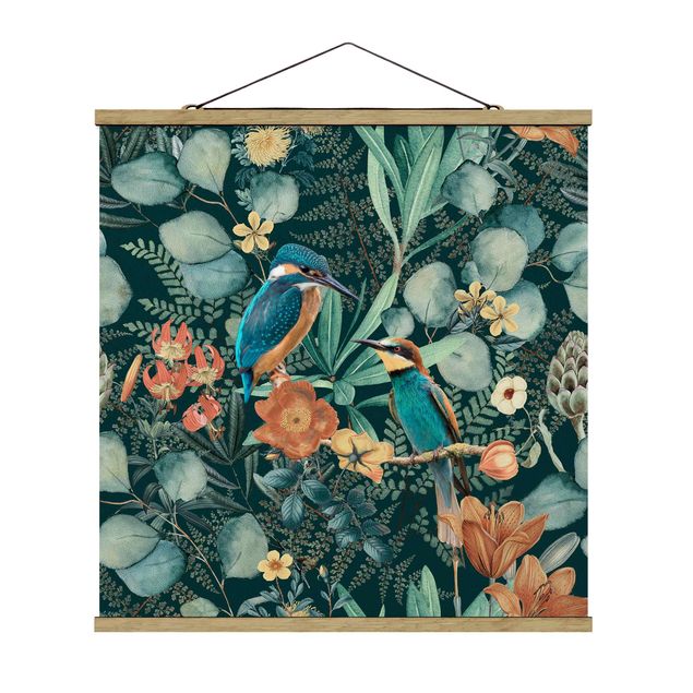 Fabric print with poster hangers - Floral Paradise Kingfisher And Hummingbird - Square 1:1