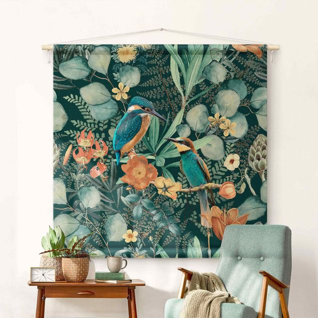 modern wall tapestry Floral Paradise Kingfisher And Hummingbird