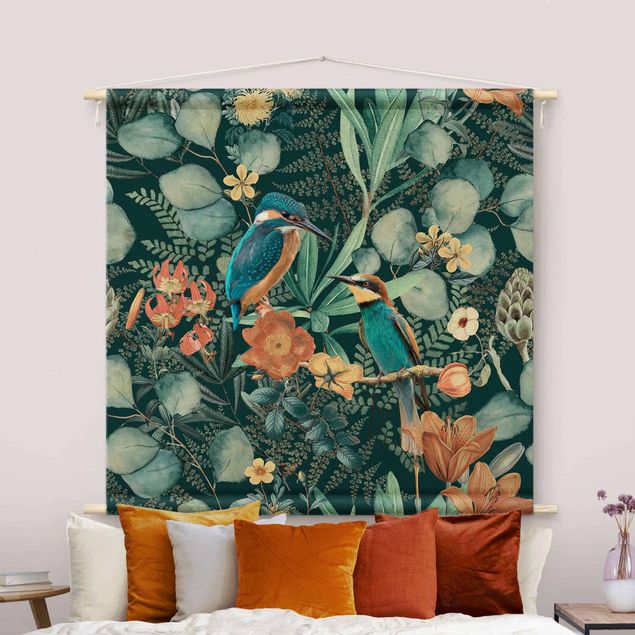 wall hanging decor Floral Paradise Kingfisher And Hummingbird