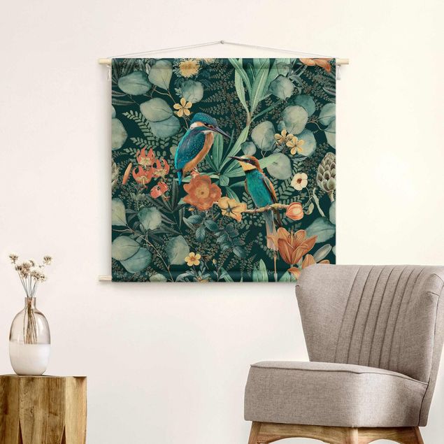 wall tapestry art Floral Paradise Kingfisher And Hummingbird