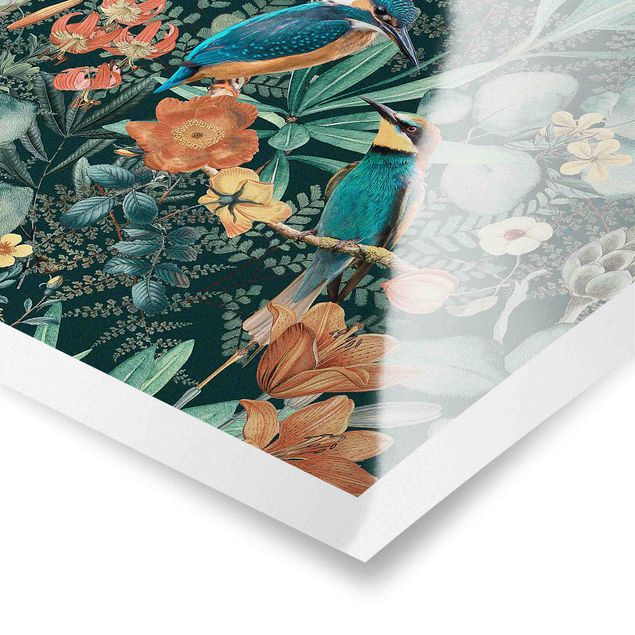 Poster - Floral Paradise Kingfisher And Hummingbird
