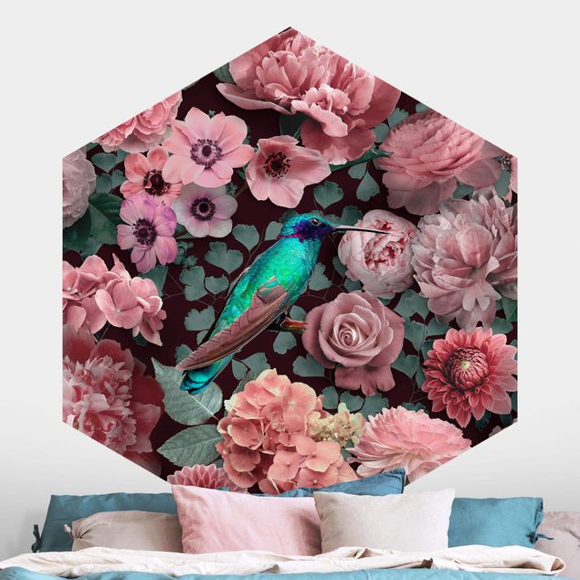 Hexagonal wallpapers Floral Paradise Hummingbird With Roses