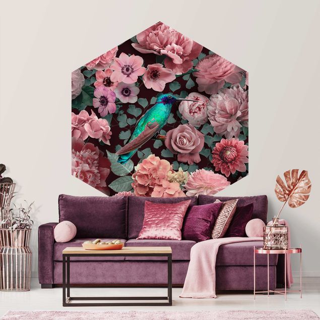 Self-adhesive hexagonal pattern wallpaper - Floral Paradise Hummingbird With Roses
