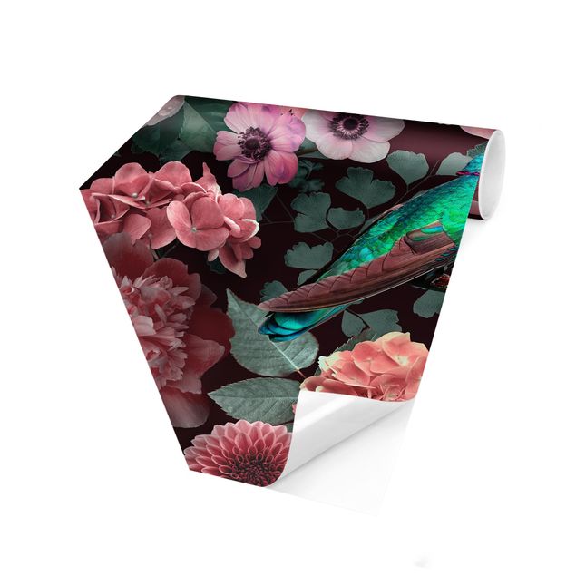 Self-adhesive hexagonal pattern wallpaper - Floral Paradise Hummingbird With Roses