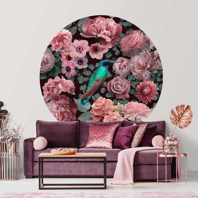 Self-adhesive round wallpaper - Floral Paradise Hummingbird With Roses