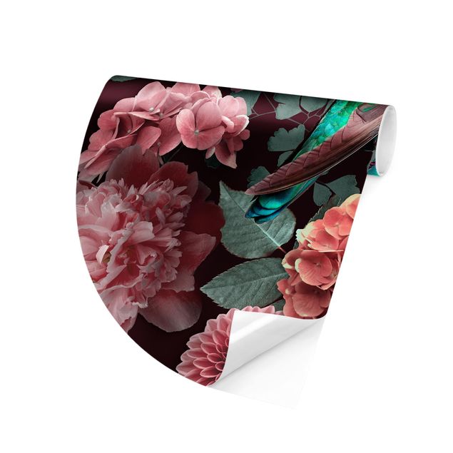 Self-adhesive round wallpaper - Floral Paradise Hummingbird With Roses