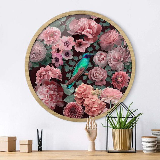 Framed prints round Floral Paradise Hummingbird With Roses