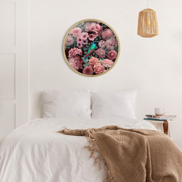 Circular framed print - Floral Paradise Hummingbird With Roses