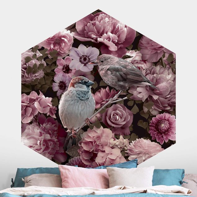 Hexagonal wallpapers Floral Paradise Sparrow In Antique Pink