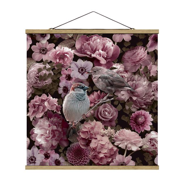Fabric print with poster hangers - Floral Paradise Sparrow In Antique Pink - Square 1:1