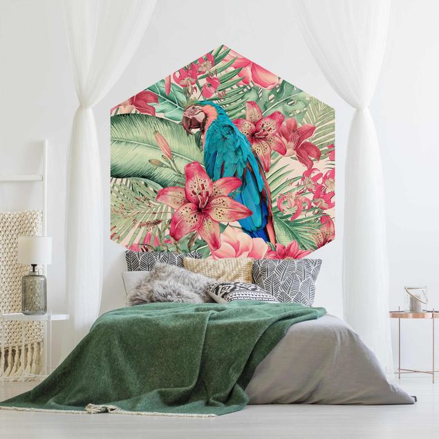 Self-adhesive hexagonal pattern wallpaper - Floral Paradise Tropical Parrot
