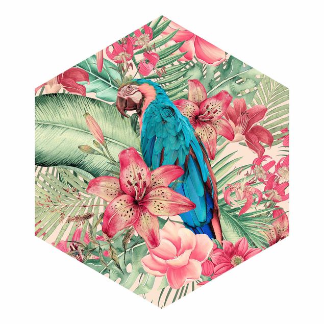 Self-adhesive hexagonal pattern wallpaper - Floral Paradise Tropical Parrot