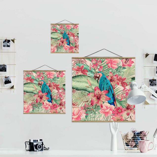 Fabric print with poster hangers - Floral Paradise Tropical Parrot - Square 1:1