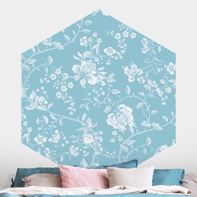 Self-adhesive hexagonal wall mural Flower Tendrils On Blue