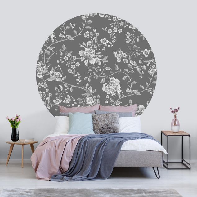 Self-adhesive round wallpaper - Flower Tendrils On Grey