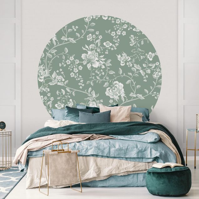 Self-adhesive round wallpaper - Flower Tendrils On Green