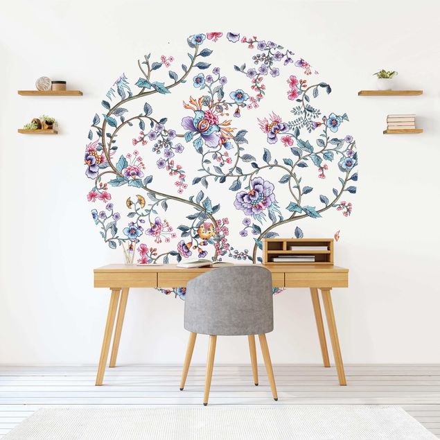 Self-adhesive round wallpaper - Flower Tendrils In Pastel Colours