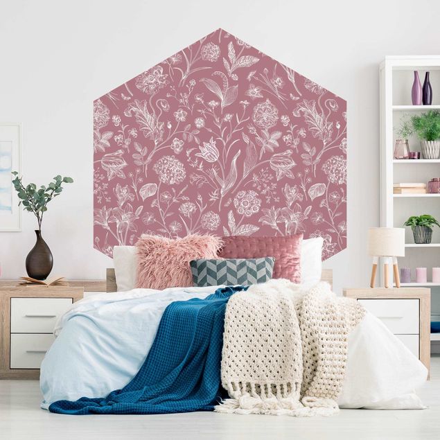 Self-adhesive hexagonal pattern wallpaper - Flower Dance On Antique Pink