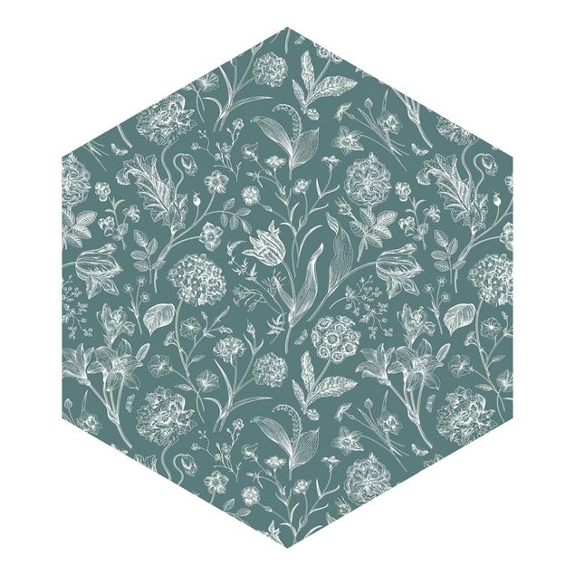 Self-adhesive hexagonal pattern wallpaper - Flower Dance On Blue Gray