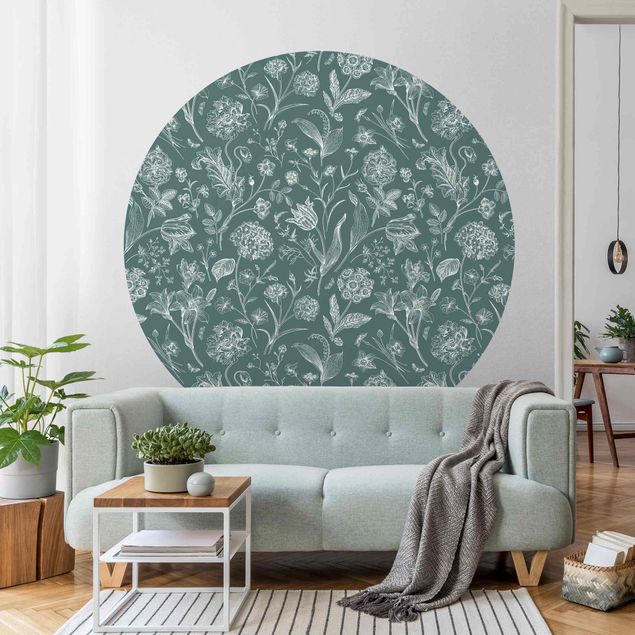 Self-adhesive round wallpaper - Flower Dance On Blue Grey