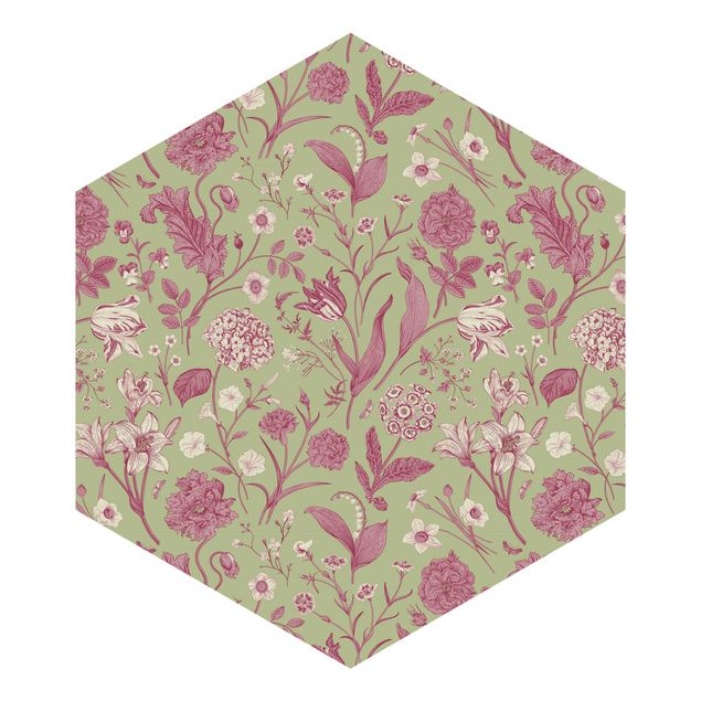 Self-adhesive hexagonal pattern wallpaper - Flower Dance In Mint Green And Pink Pastel