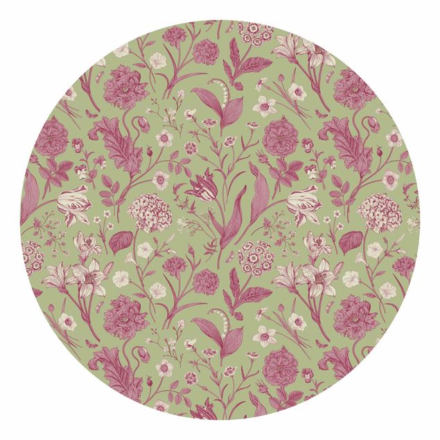 Self-adhesive round wallpaper - Flower Dance In Mint Green And Pink Pastel