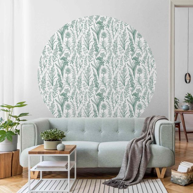 Self-adhesive round wallpaper - Flower Waves In Green