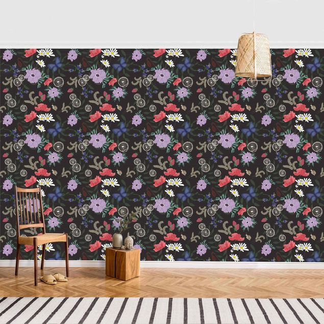 Wallpaper - Field Of Flowers On Black Background - Roll