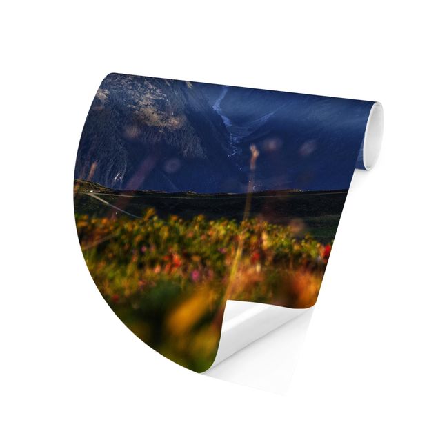 Self-adhesive round wallpaper - Flowering Meadow In The Mountains