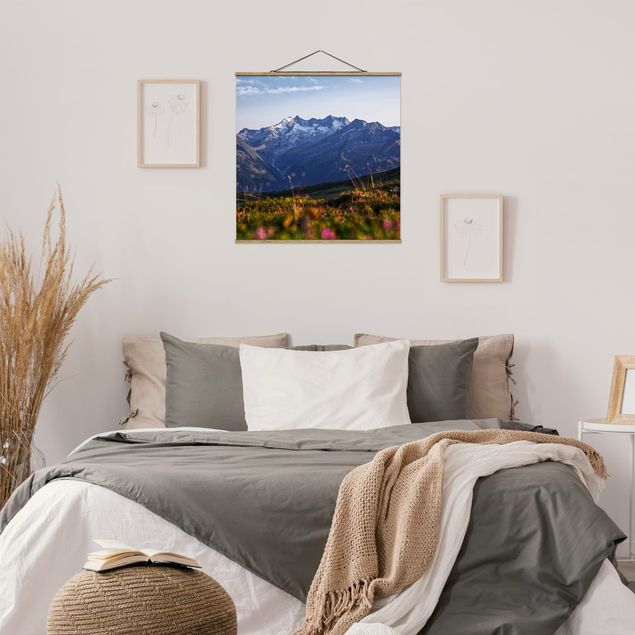 Fabric print with poster hangers - Flowering Meadow In The Mountains - Square 1:1