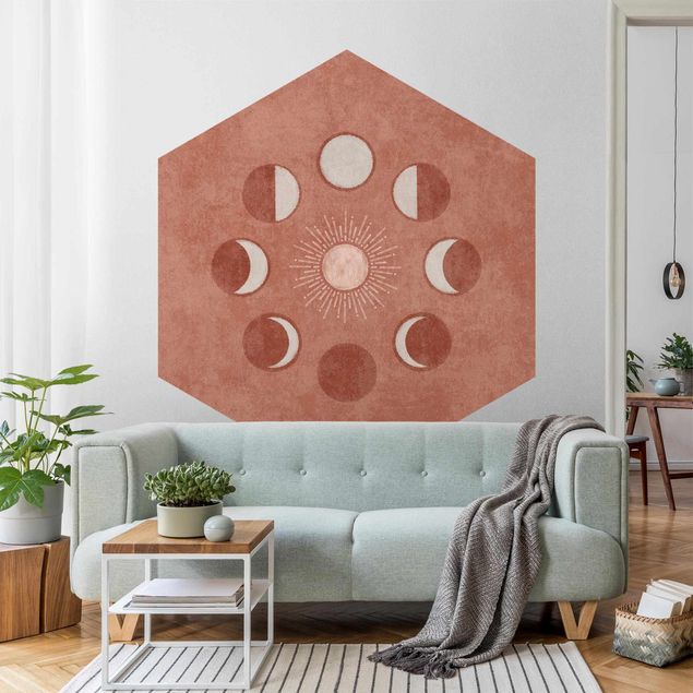 Self-adhesive hexagonal wall mural - Boho Phases Of the Moon With Sun