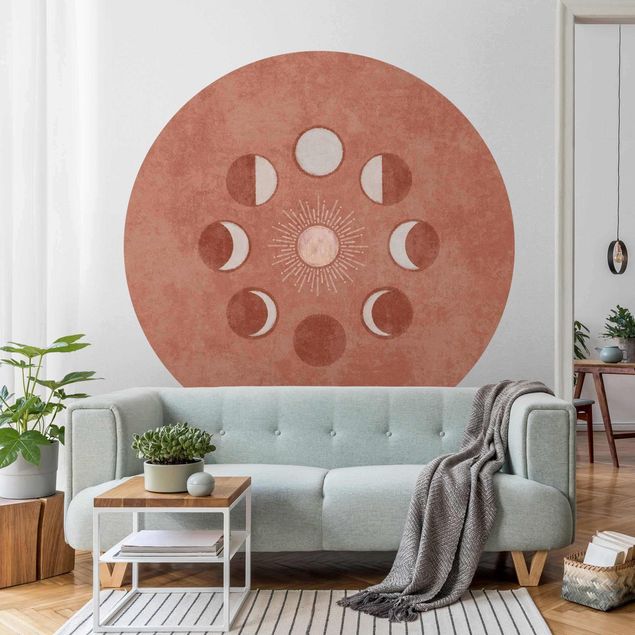 Self-adhesive round wallpaper - Boho Phases Of the Moon With Sun